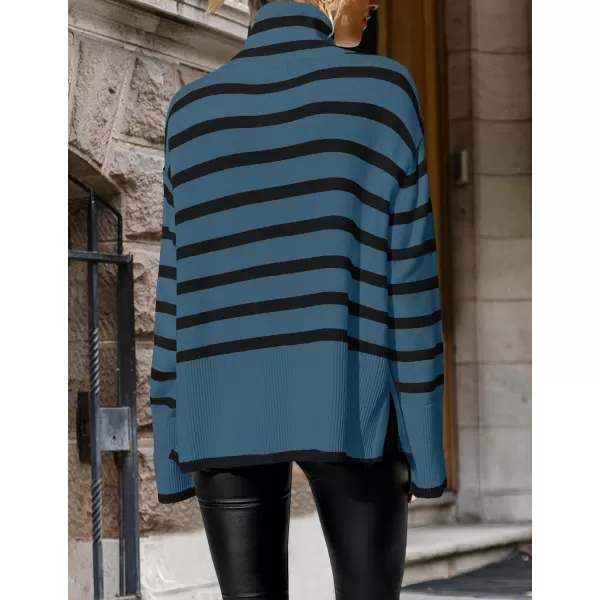 ZESICA Womens 2024 Winter Sweaters Casual Turtleneck Long Sleeve Striped Side Slit Loose Pullover Sweater Jumper TopsDustyblue