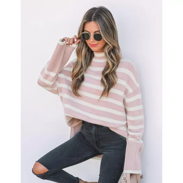 ZESICA Womens 2024 Winter Sweaters Casual Turtleneck Long Sleeve Striped Side Slit Loose Pullover Sweater Jumper TopsDustypink