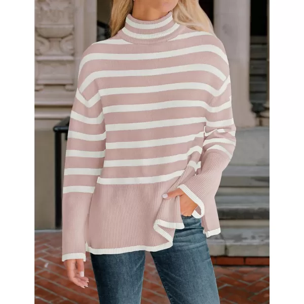 ZESICA Womens 2024 Winter Sweaters Casual Turtleneck Long Sleeve Striped Side Slit Loose Pullover Sweater Jumper TopsDustypink