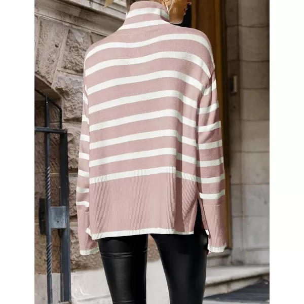 ZESICA Womens 2024 Winter Sweaters Casual Turtleneck Long Sleeve Striped Side Slit Loose Pullover Sweater Jumper TopsDustypink