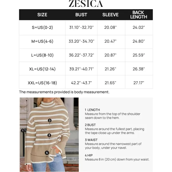 ZESICA Womens 2024 Winter Sweaters Casual Turtleneck Long Sleeve Striped Side Slit Loose Pullover Sweater Jumper TopsKhaki