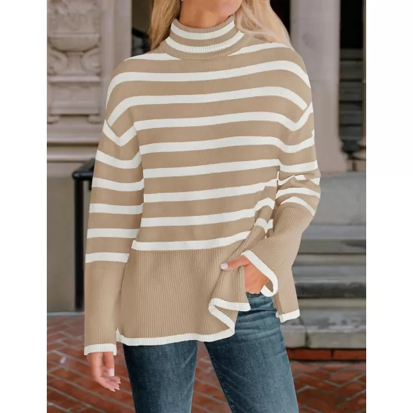 ZESICA Womens 2024 Winter Sweaters Casual Turtleneck Long Sleeve Striped Side Slit Loose Pullover Sweater Jumper TopsKhaki