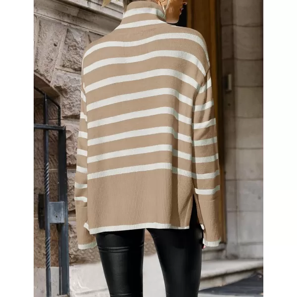 ZESICA Womens 2024 Winter Sweaters Casual Turtleneck Long Sleeve Striped Side Slit Loose Pullover Sweater Jumper TopsKhaki