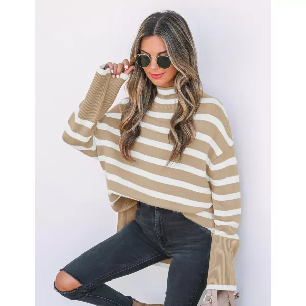 ZESICA Womens 2024 Winter Sweaters Casual Turtleneck Long Sleeve Striped Side Slit Loose Pullover Sweater Jumper TopsKhaki