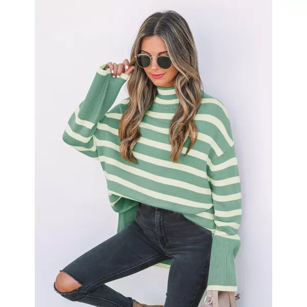 ZESICA Womens 2024 Winter Sweaters Casual Turtleneck Long Sleeve Striped Side Slit Loose Pullover Sweater Jumper TopsLake