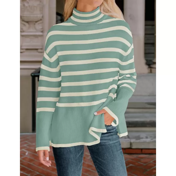 ZESICA Womens 2024 Winter Sweaters Casual Turtleneck Long Sleeve Striped Side Slit Loose Pullover Sweater Jumper TopsLake