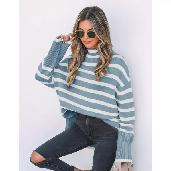 ZESICA Womens 2024 Winter Sweaters Casual Turtleneck Long Sleeve Striped Side Slit Loose Pullover Sweater Jumper TopsLightblue