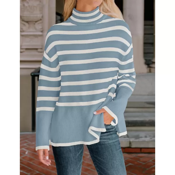 ZESICA Womens 2024 Winter Sweaters Casual Turtleneck Long Sleeve Striped Side Slit Loose Pullover Sweater Jumper TopsLightblue