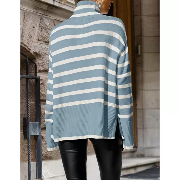 ZESICA Womens 2024 Winter Sweaters Casual Turtleneck Long Sleeve Striped Side Slit Loose Pullover Sweater Jumper TopsLightblue