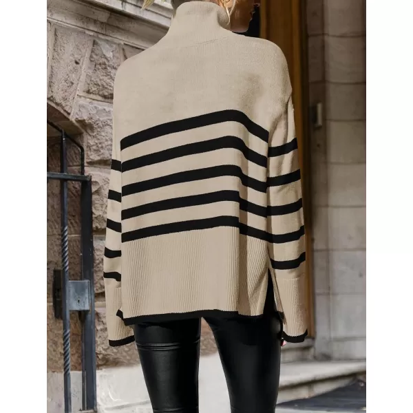 ZESICA Womens 2024 Winter Sweaters Casual Turtleneck Long Sleeve Striped Side Slit Loose Pullover Sweater Jumper TopsNatural