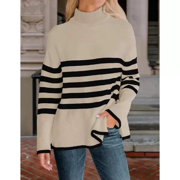 ZESICA Womens 2024 Winter Sweaters Casual Turtleneck Long Sleeve Striped Side Slit Loose Pullover Sweater Jumper TopsNatural