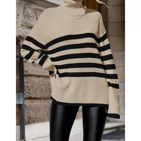 ZESICA Womens 2024 Winter Sweaters Casual Turtleneck Long Sleeve Striped Side Slit Loose Pullover Sweater Jumper TopsNatural