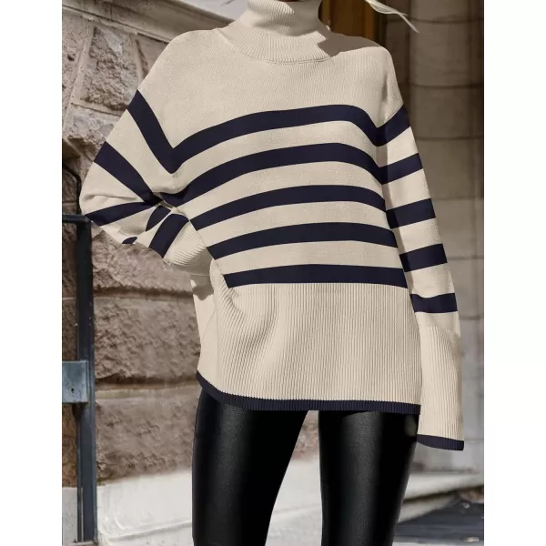 ZESICA Womens 2024 Winter Sweaters Casual Turtleneck Long Sleeve Striped Side Slit Loose Pullover Sweater Jumper TopsNavy