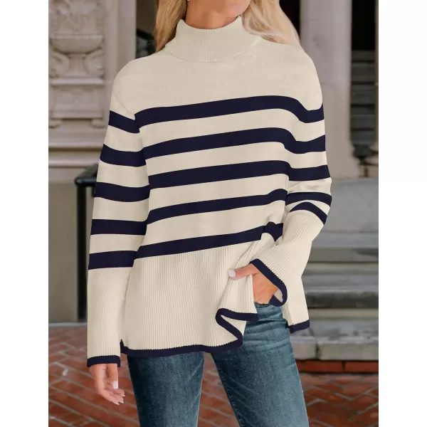 ZESICA Womens 2024 Winter Sweaters Casual Turtleneck Long Sleeve Striped Side Slit Loose Pullover Sweater Jumper TopsNavy