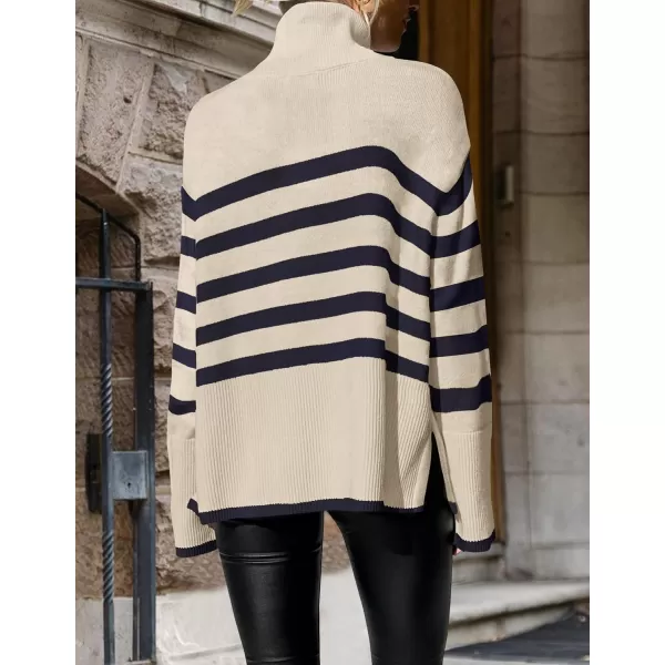 ZESICA Womens 2024 Winter Sweaters Casual Turtleneck Long Sleeve Striped Side Slit Loose Pullover Sweater Jumper TopsNavy