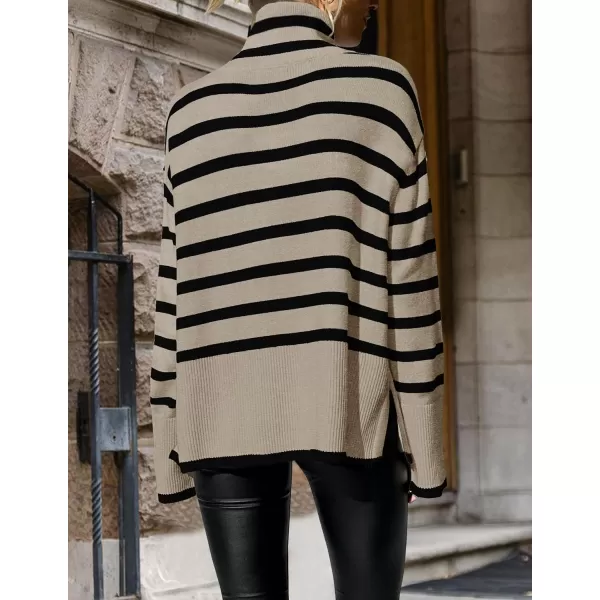ZESICA Womens 2024 Winter Sweaters Casual Turtleneck Long Sleeve Striped Side Slit Loose Pullover Sweater Jumper TopsOats