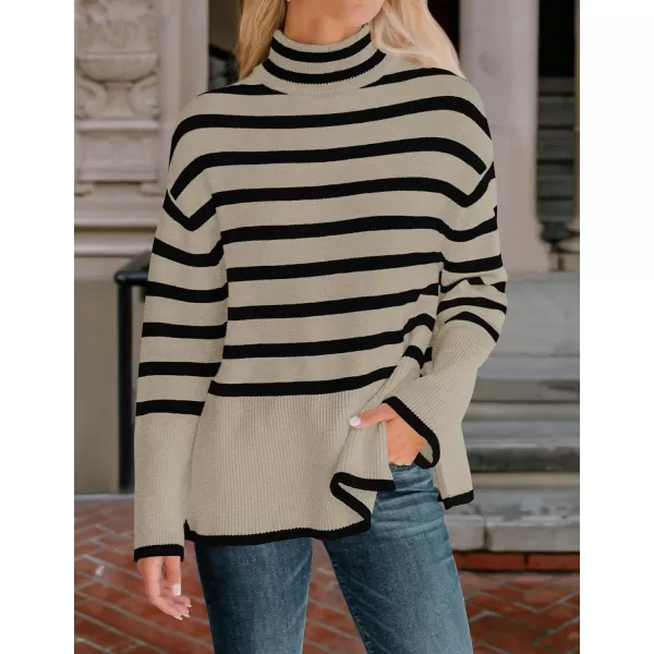 ZESICA Womens 2024 Winter Sweaters Casual Turtleneck Long Sleeve Striped Side Slit Loose Pullover Sweater Jumper TopsOats