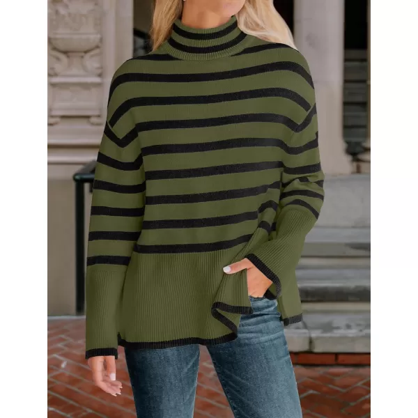 ZESICA Womens 2024 Winter Sweaters Casual Turtleneck Long Sleeve Striped Side Slit Loose Pullover Sweater Jumper TopsOlive