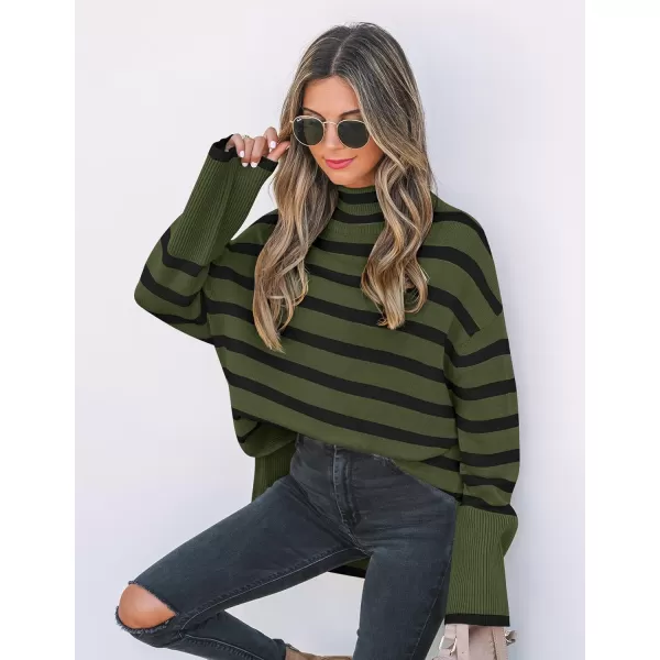 ZESICA Womens 2024 Winter Sweaters Casual Turtleneck Long Sleeve Striped Side Slit Loose Pullover Sweater Jumper TopsOlive