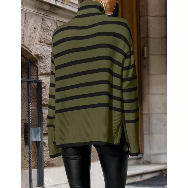ZESICA Womens 2024 Winter Sweaters Casual Turtleneck Long Sleeve Striped Side Slit Loose Pullover Sweater Jumper TopsOlive