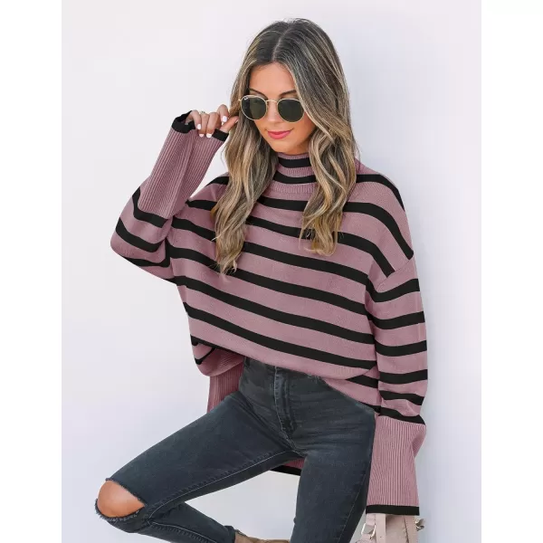 ZESICA Womens 2024 Winter Sweaters Casual Turtleneck Long Sleeve Striped Side Slit Loose Pullover Sweater Jumper TopsPurple