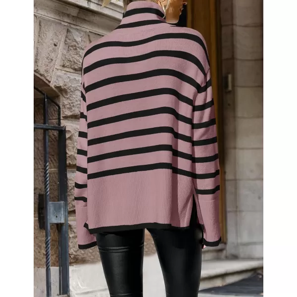 ZESICA Womens 2024 Winter Sweaters Casual Turtleneck Long Sleeve Striped Side Slit Loose Pullover Sweater Jumper TopsPurple
