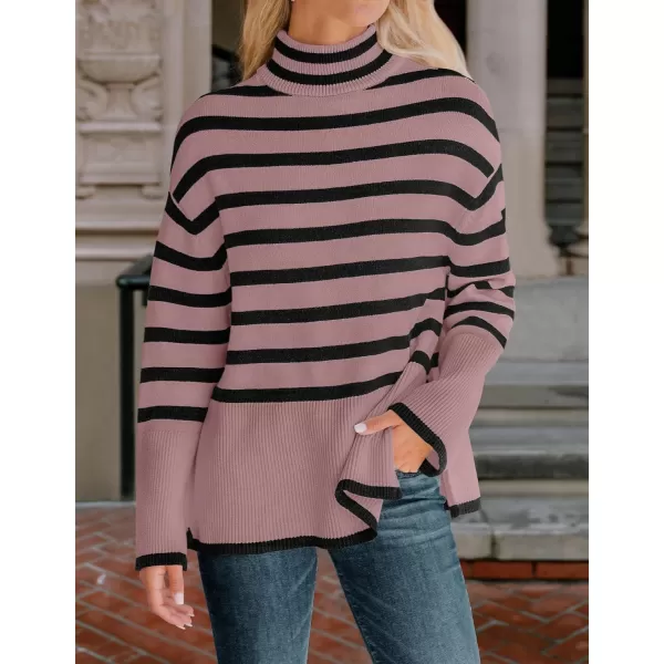 ZESICA Womens 2024 Winter Sweaters Casual Turtleneck Long Sleeve Striped Side Slit Loose Pullover Sweater Jumper TopsPurple