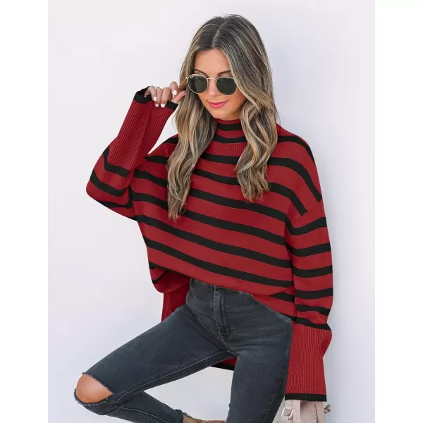 ZESICA Womens 2024 Winter Sweaters Casual Turtleneck Long Sleeve Striped Side Slit Loose Pullover Sweater Jumper TopsRed