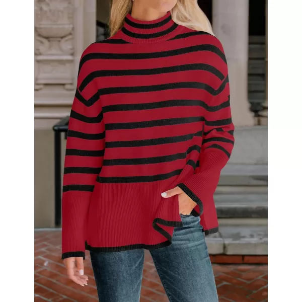 ZESICA Womens 2024 Winter Sweaters Casual Turtleneck Long Sleeve Striped Side Slit Loose Pullover Sweater Jumper TopsRed