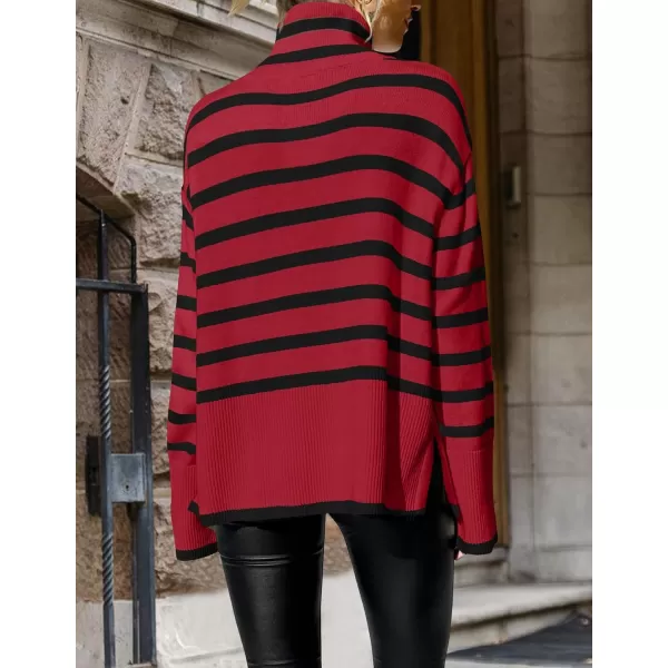 ZESICA Womens 2024 Winter Sweaters Casual Turtleneck Long Sleeve Striped Side Slit Loose Pullover Sweater Jumper TopsRed