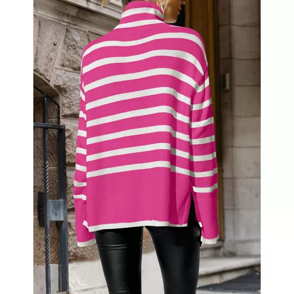 ZESICA Womens 2024 Winter Sweaters Casual Turtleneck Long Sleeve Striped Side Slit Loose Pullover Sweater Jumper TopsRose