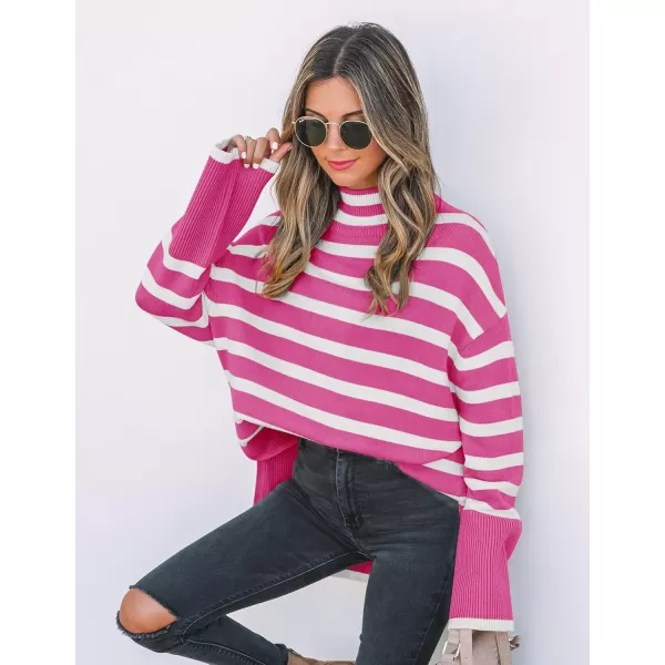 ZESICA Womens 2024 Winter Sweaters Casual Turtleneck Long Sleeve Striped Side Slit Loose Pullover Sweater Jumper TopsRose