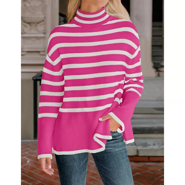 ZESICA Womens 2024 Winter Sweaters Casual Turtleneck Long Sleeve Striped Side Slit Loose Pullover Sweater Jumper TopsRose