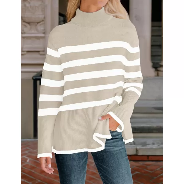 ZESICA Womens 2024 Winter Sweaters Casual Turtleneck Long Sleeve Striped Side Slit Loose Pullover Sweater Jumper TopsSand