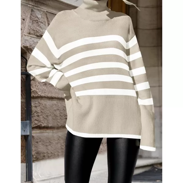 ZESICA Womens 2024 Winter Sweaters Casual Turtleneck Long Sleeve Striped Side Slit Loose Pullover Sweater Jumper TopsSand