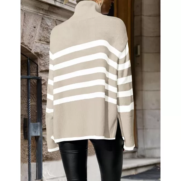 ZESICA Womens 2024 Winter Sweaters Casual Turtleneck Long Sleeve Striped Side Slit Loose Pullover Sweater Jumper TopsSand