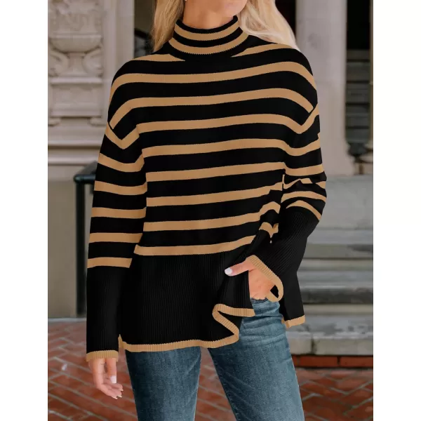 ZESICA Womens 2024 Winter Sweaters Casual Turtleneck Long Sleeve Striped Side Slit Loose Pullover Sweater Jumper TopsTaupe
