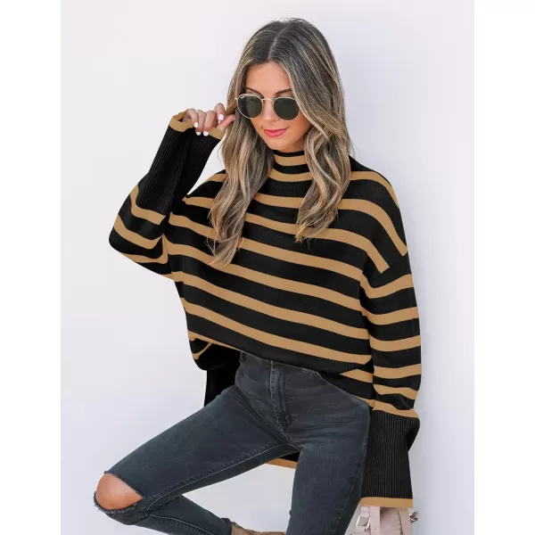 ZESICA Womens 2024 Winter Sweaters Casual Turtleneck Long Sleeve Striped Side Slit Loose Pullover Sweater Jumper TopsTaupe