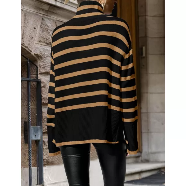 ZESICA Womens 2024 Winter Sweaters Casual Turtleneck Long Sleeve Striped Side Slit Loose Pullover Sweater Jumper TopsTaupe