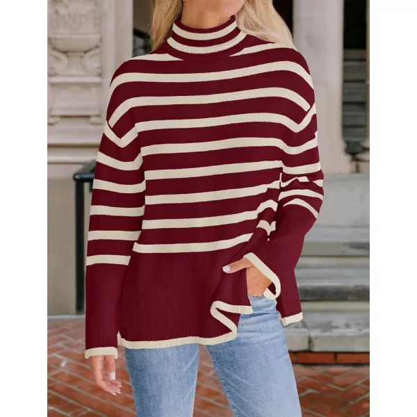 ZESICA Womens 2024 Winter Sweaters Casual Turtleneck Long Sleeve Striped Side Slit Loose Pullover Sweater Jumper TopsWine