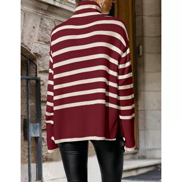 ZESICA Womens 2024 Winter Sweaters Casual Turtleneck Long Sleeve Striped Side Slit Loose Pullover Sweater Jumper TopsWine