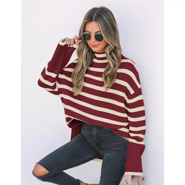 ZESICA Womens 2024 Winter Sweaters Casual Turtleneck Long Sleeve Striped Side Slit Loose Pullover Sweater Jumper TopsWine