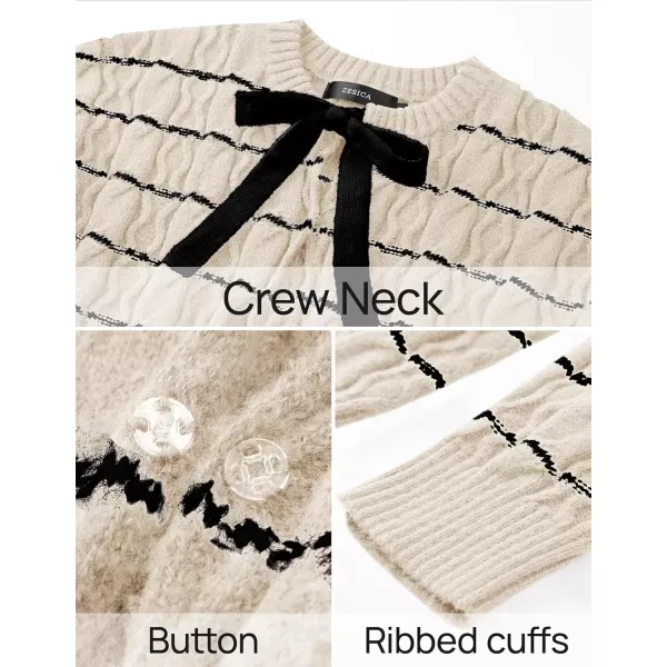 ZESICA Womens Long Sleeve Open Front Cardigan Sweater 2024 Fall Winter Striped Tie Front Loose Chunky Knit CoatsApricot
