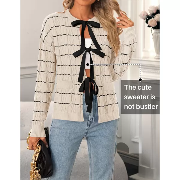 ZESICA Womens Long Sleeve Open Front Cardigan Sweater 2024 Fall Winter Striped Tie Front Loose Chunky Knit CoatsApricot