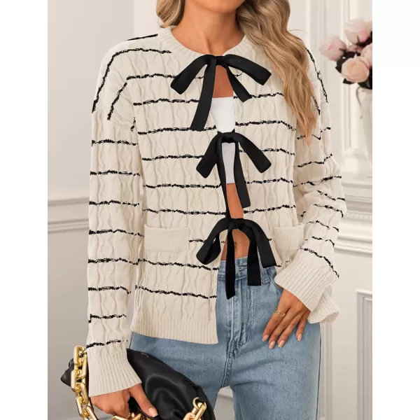 ZESICA Womens Long Sleeve Open Front Cardigan Sweater 2024 Fall Winter Striped Tie Front Loose Chunky Knit CoatsApricot
