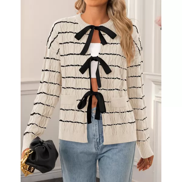 ZESICA Womens Long Sleeve Open Front Cardigan Sweater 2024 Fall Winter Striped Tie Front Loose Chunky Knit CoatsApricot