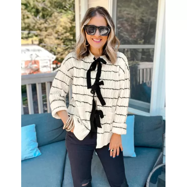 ZESICA Womens Long Sleeve Open Front Cardigan Sweater 2024 Fall Winter Striped Tie Front Loose Chunky Knit CoatsApricot