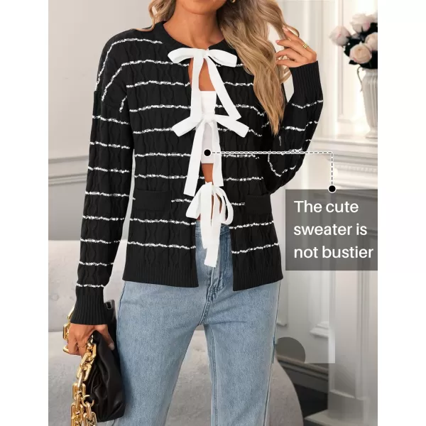 ZESICA Womens Long Sleeve Open Front Cardigan Sweater 2024 Fall Winter Striped Tie Front Loose Chunky Knit CoatsBlack