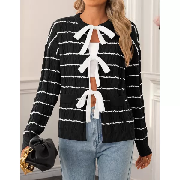 ZESICA Womens Long Sleeve Open Front Cardigan Sweater 2024 Fall Winter Striped Tie Front Loose Chunky Knit CoatsBlack