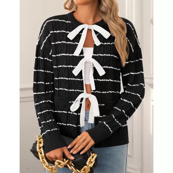 ZESICA Womens Long Sleeve Open Front Cardigan Sweater 2024 Fall Winter Striped Tie Front Loose Chunky Knit CoatsBlack